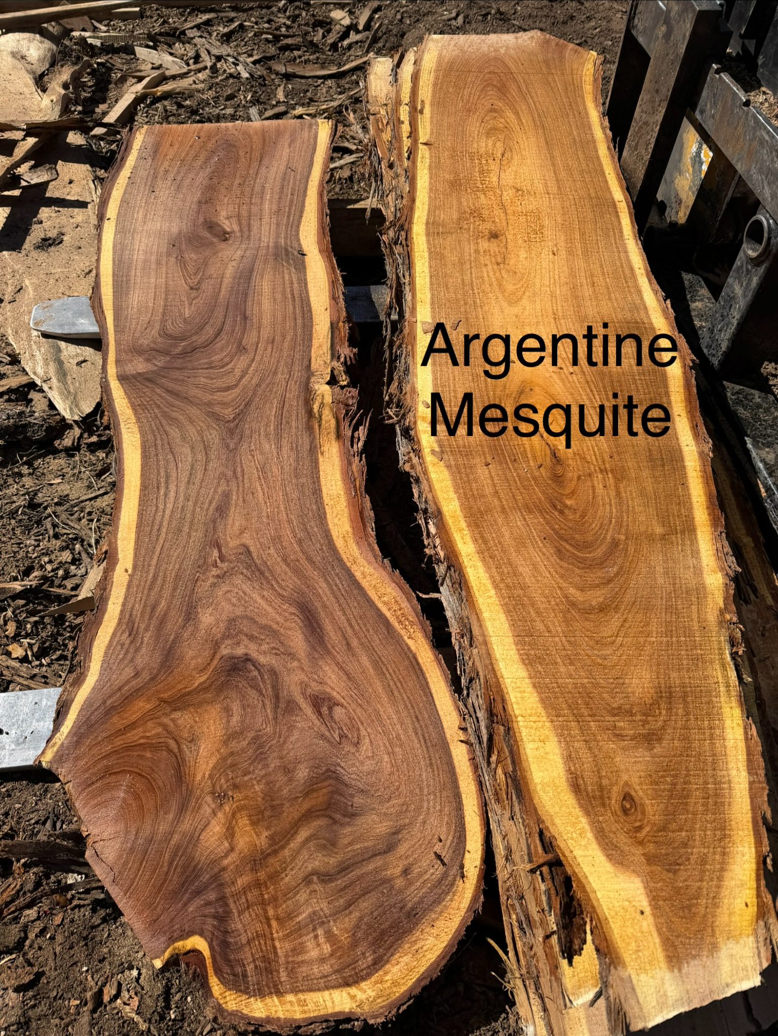 Two freshly cut Argentine Mesquite wood slabs with natural bark edges displayed on ground
